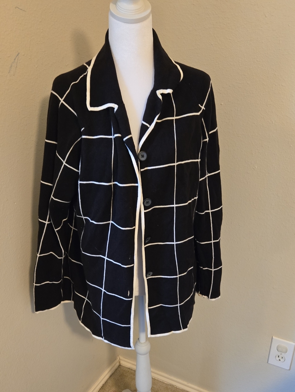 Sarah Spencer Black Windowpane Knit with White Trim